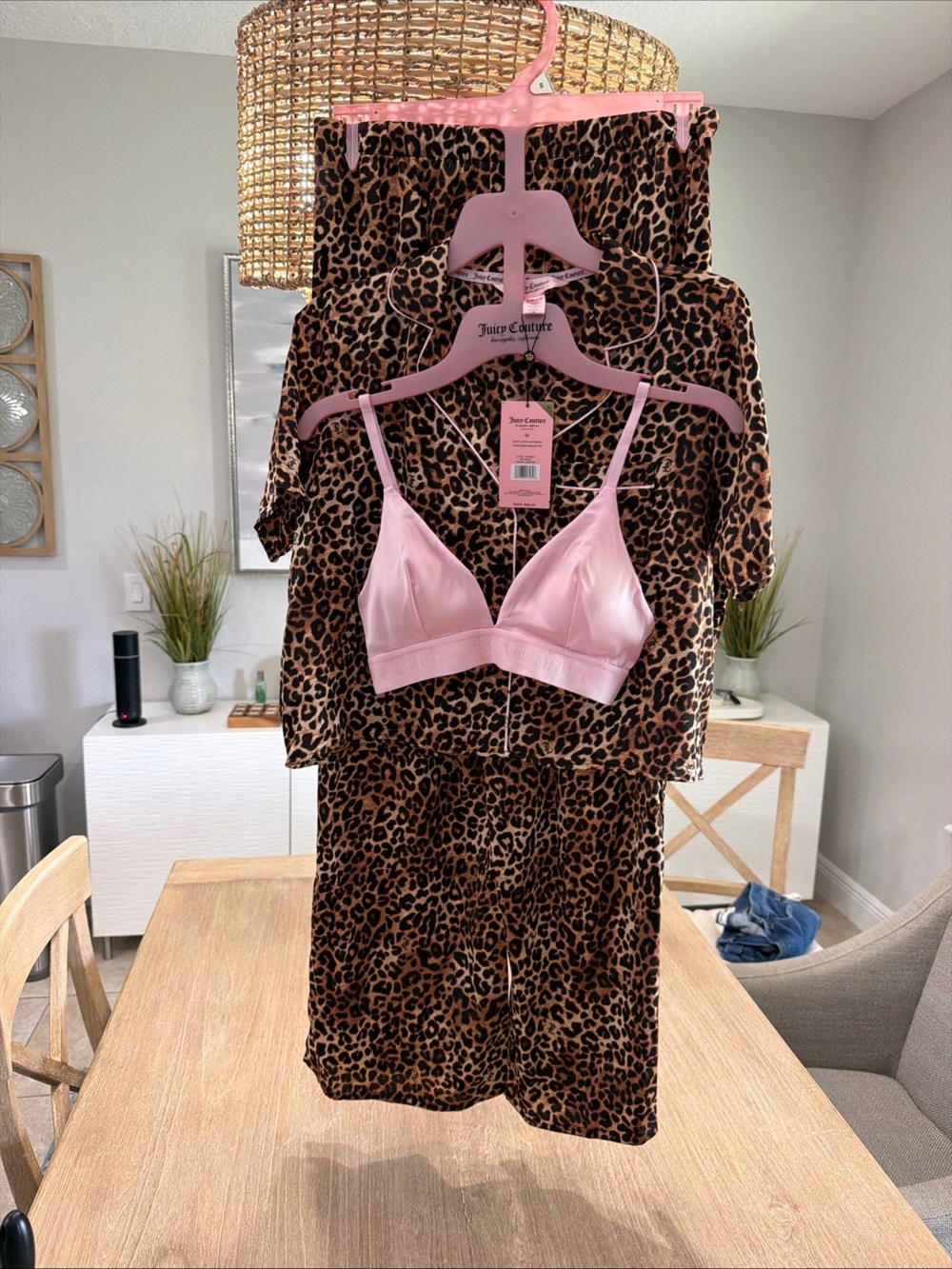 Juicy Couture Pink Satin Bralette with Leopard Print Pajama Set